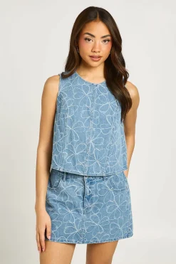 boohoo Mini-jupe En Denim À Motif Floral<Femme Jupes|Denim