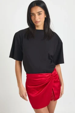 Mini-jupe en Satin avec Empiècements de Dentelle Petite Taille