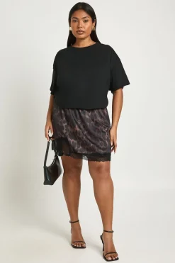 Mini-jupe Grande Taille en Satin Léopard avec Bordure en Dentelle