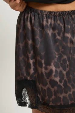 Mini-jupe Grande Taille en Satin Léopard avec Bordure en Dentelle