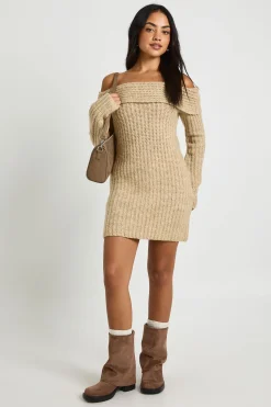 boohoo Mini robe Bardot en maille épaisse<Femme Robes À Manches Longues|Robes