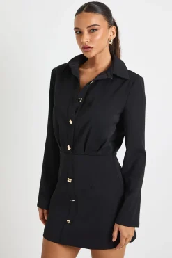 Mini robe chemise ajustée à bouton doré