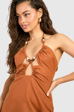 boohoo Mini robe à col halter en effet lin avec détails perlés<Femme Robes Moulantes|Robes