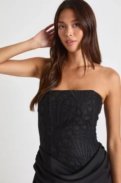 Mini Robe Corset Drapée En Dentelle Florale Transparente Texturée