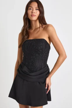 Mini Robe Corset Drapée En Dentelle Florale Transparente Texturée