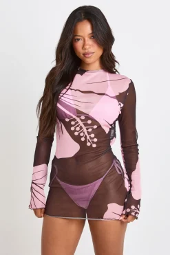 boohoo Mini Robe De Plage En Maille Transparente À Imprimé Floral<Femme Toutes Les Robes|Robes