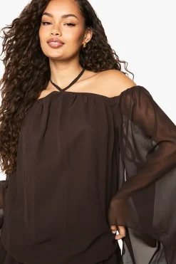 Mini robe en chiffon à encolure halter et manches kimono