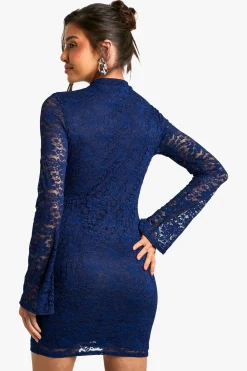 Mini robe en dentelle à décolleté en trou de serrure et manches évasées