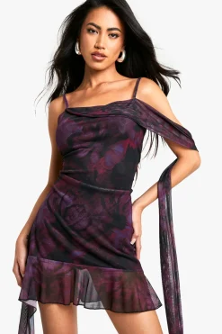 boohoo Mini robe en mesh imprimé floral à volants drapés<Femme Robes|Robes De Soirée