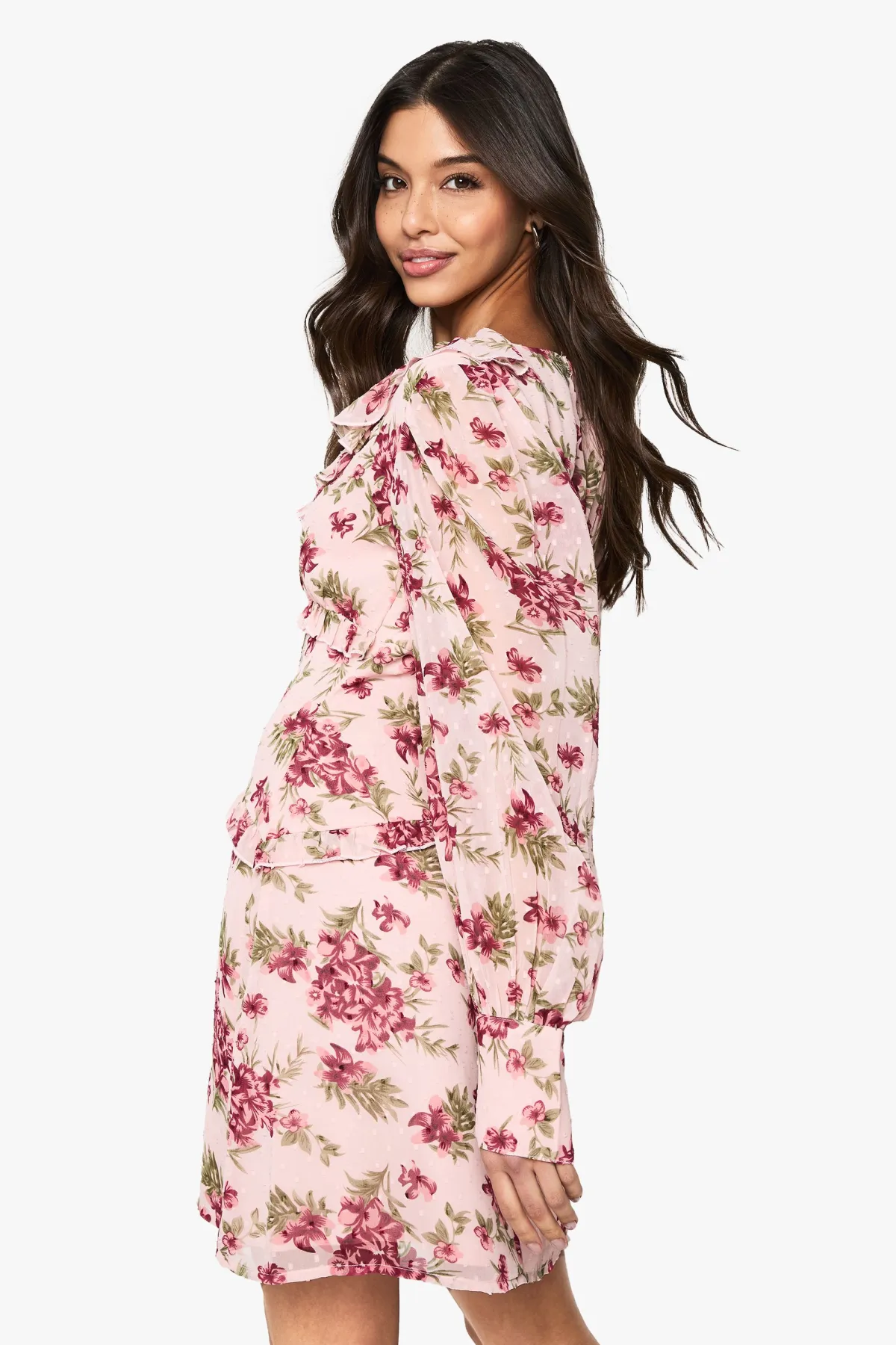 boohoo Mini Robe En Mousseline À Volants Et Motif Floral<Femme Robes Patineuses|Robes À Manches Longues