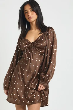 Mini Robe en Satin à Pois avec Manches Bouffantes - Petite Taille