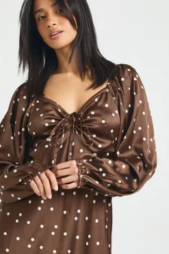 Mini Robe en Satin à Pois avec Manches Bouffantes - Petite Taille