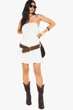 Mini robe froncée à bandeau, taille basse, broderie mini robe
