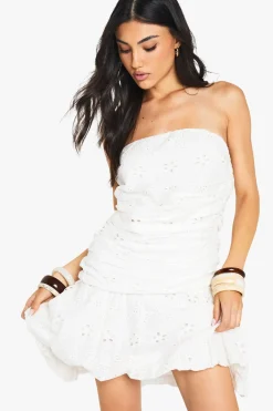 Mini robe froncée à bandeau, taille basse, broderie mini robe