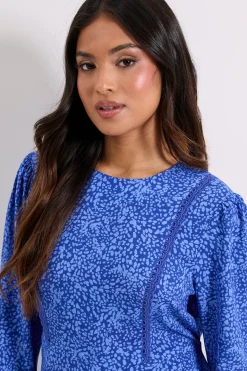 Mini Robe Imprimée Petite Bleue à Motif Animal avec Détail Dentelle et Dos Noué