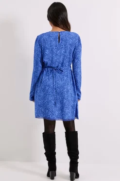 Mini Robe Imprimée Petite Bleue à Motif Animal avec Détail Dentelle et Dos Noué