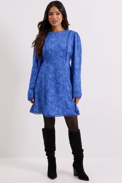 Mini Robe Imprimée Petite Bleue à Motif Animal avec Détail Dentelle et Dos Noué