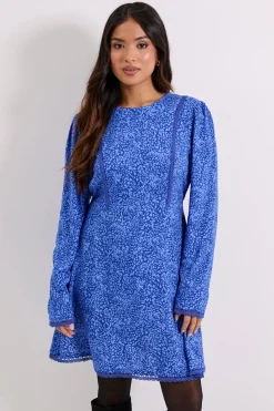 Mini Robe Imprimée Petite Bleue à Motif Animal avec Détail Dentelle et Dos Noué