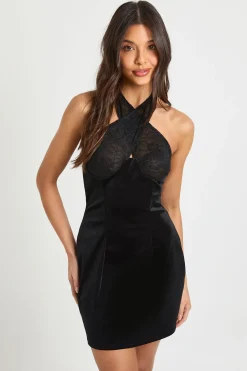 boohoo Mini robe mélange de velours et dentelle<Femme Robes Moulantes|Satin Et Dentelle