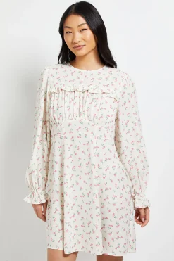 Dorothy Perkins Mini Robe Petite À Manches Longues Crème À Imprimé Fleuri Avec Corsage Froncé Et Dos En Dentelle<Femme Satin Et Dentelle|Robes À Manches Longues