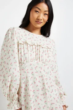 Dorothy Perkins Mini Robe Petite À Manches Longues Crème À Imprimé Fleuri Avec Corsage Froncé Et Dos En Dentelle<Femme Satin Et Dentelle|Robes À Manches Longues
