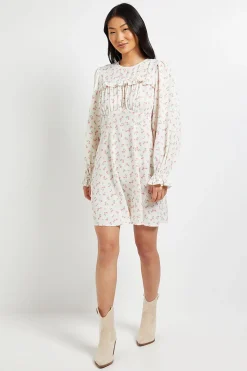 Dorothy Perkins Mini Robe Petite À Manches Longues Crème À Imprimé Fleuri Avec Corsage Froncé Et Dos En Dentelle<Femme Satin Et Dentelle|Robes À Manches Longues