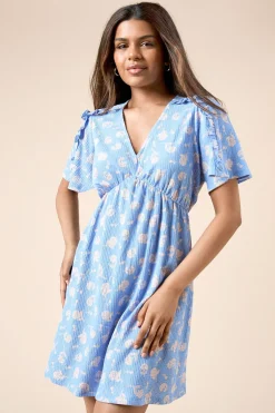 Dorothy Perkins Mini Robe Petite à Manches Papillon avec Détails Volantés et Imprimé Fleuri Bleu<Femme Robes|Toutes Les Robes