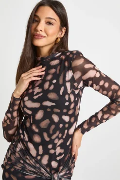 boohoo Mini robe portefeuille en maille imprimée à col montant<Femme Robes Moulantes|Robes À Manches Longues