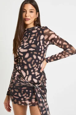 boohoo Mini robe portefeuille en maille imprimée à col montant<Femme Robes Moulantes|Robes À Manches Longues