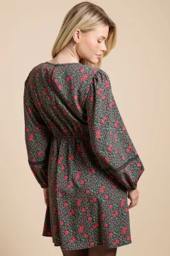 Mini Robe Rouge À Imprimé Roses Avec Empiècement En Dentelle Et Détail Noué