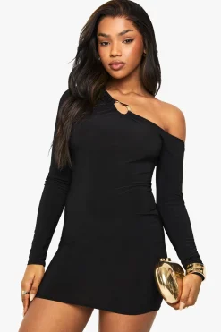 boohoo Mini robe slinky asymétrique ornée de détails en doré<Femme Robes À Manches Longues|Robes