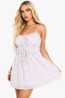 Mini robe smock à petits motifs floraux, texturée, ruchée et nouée