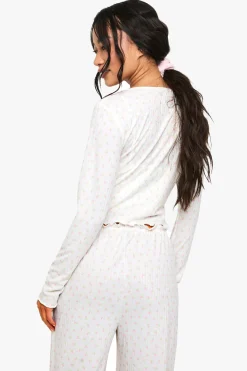 Mix & Match T-shirt pyjama à manches longues en tricot côtelé doux avec boutons et imprimé floral