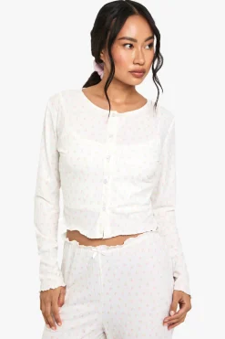 Mix & Match T-shirt pyjama à manches longues en tricot côtelé doux avec boutons et imprimé floral
