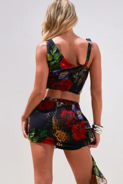 Molly Smith Crop Top Court à Imprimé Léopard et Roses, Détail Boucle sur Col Châle