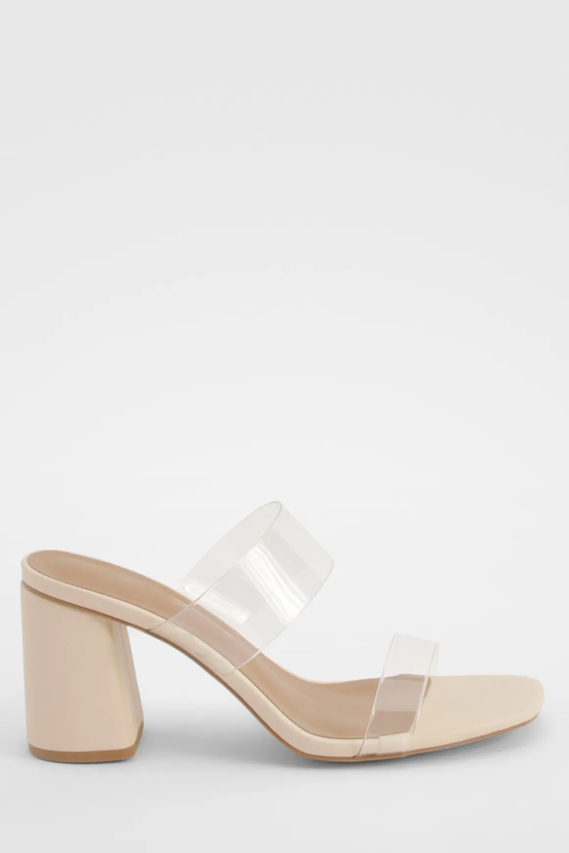 Mules à talon bloc, double bride transparente, coupe large
