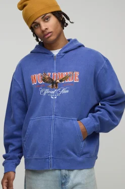 boohooMAN Navy Oversized Boxy Zip Through Eagle Washed Printed Hoodie<Homme Sweats À Capuche Et Sweatshirts|Sweats À Capuche Grande Taille