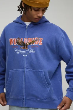 boohooMAN Navy Oversized Boxy Zip Through Eagle Washed Printed Hoodie<Homme Sweats À Capuche Et Sweatshirts|Sweats À Capuche Grande Taille