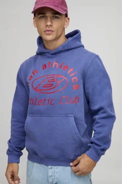 boohooMAN Navy Regular Fit Athletic Club Sweat à capuche lavé et imprimé<Homme Sweats À Capuche Et Sweatshirts|Sweats À Capuche Et Sweats