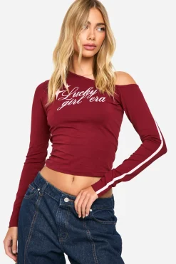 boohoo Off Shoulder Stripe Sleeve Top With Print<Femme Tops|Looks Bordeaux