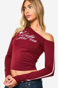boohoo Off Shoulder Stripe Sleeve Top With Print<Femme Tops|Looks Bordeaux