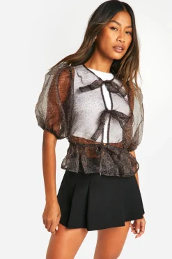 Organza à motif micro léopard, haut à nouer à l'avant et manches bouffantes