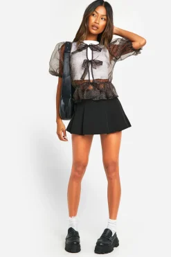 Organza à motif micro léopard, haut à nouer à l'avant et manches bouffantes