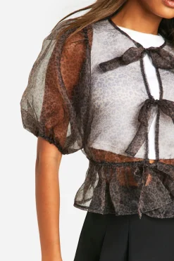 Organza à motif micro léopard, haut à nouer à l'avant et manches bouffantes