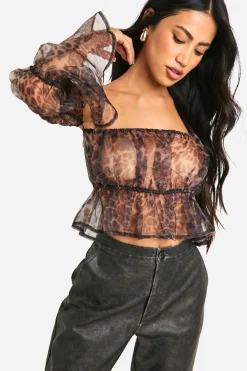 Organza Top Bardot Court en Mousseline à Motif Léopard