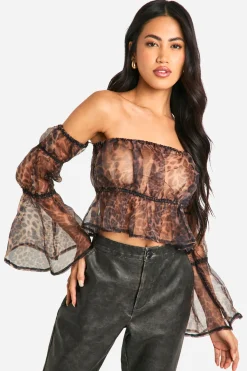Organza Top Bardot Court en Mousseline à Motif Léopard