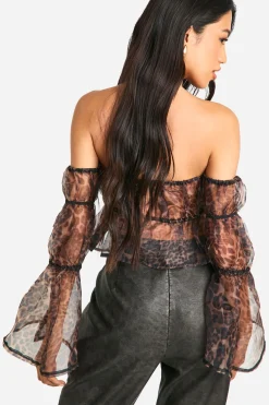 Organza Top Bardot Court en Mousseline à Motif Léopard