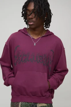 Oversized Boxy Exclusive Slogan Gothic V Neck Raw Hem Printed Washed Hoodie