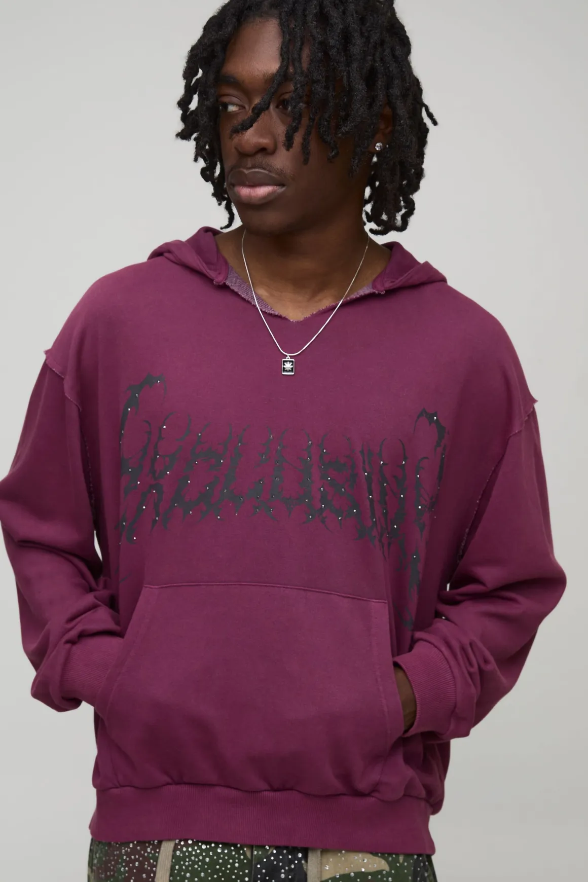 Oversized Boxy Exclusive Slogan Gothic V Neck Raw Hem Printed Washed Hoodie