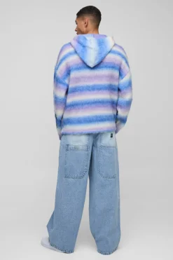 boohooMAN Oversized Boxy Fit Ombre Stripe Brushed Knit Cross Hoodie<Homme Maille|Mailles